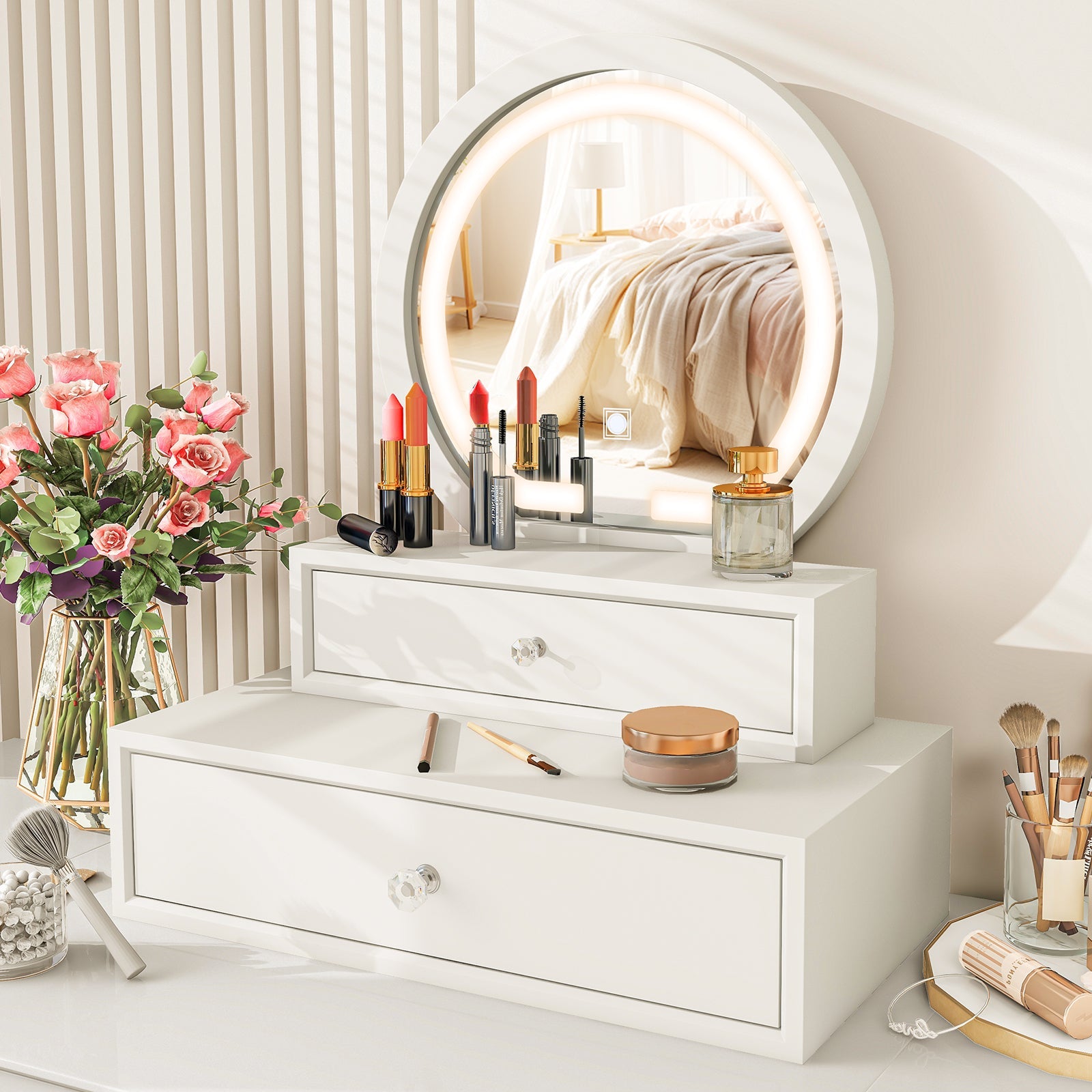 LED Lighted Vanity Mirror for Bedroom Tabletop-White